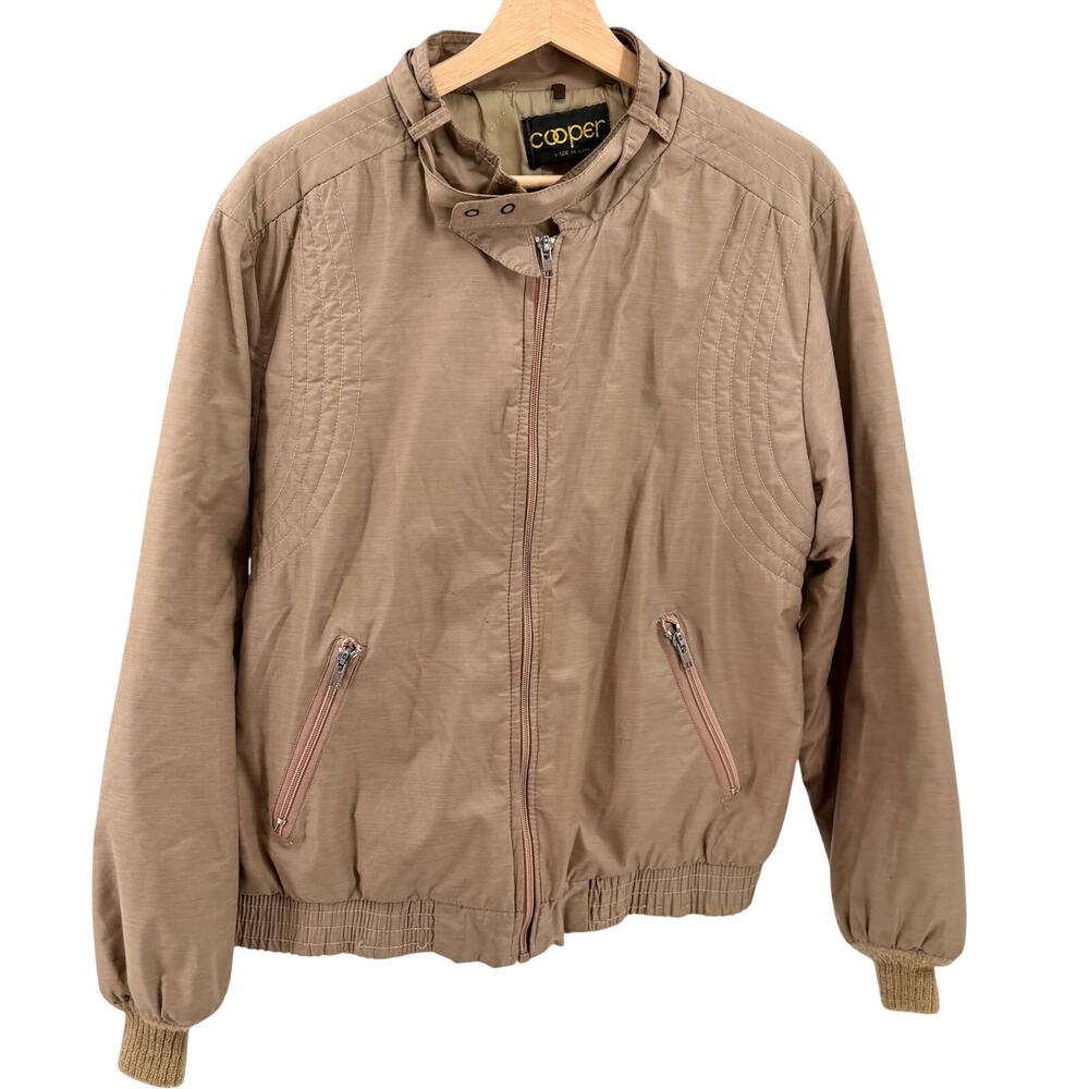 Vintage 80s Cooper Tan Cafe Racer Full Zip Quilted Lined Bomber Jacket